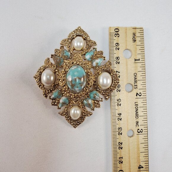 Vintage Sarah Coventry Brooch Pendant Gold With Faux Pearl & Turquoise Stones - Picture 9 of 12